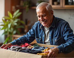 A man is holding a box filled with clothes. AI generated content